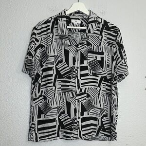 Abstract Black Gray Short Sleeve Shirt Men’s Large Button‎ Top Down Retro Quirky